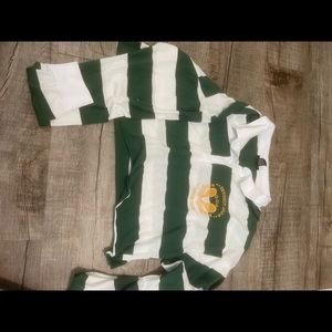 Green and white varsity Beverly Hills tennis club collard shirt.